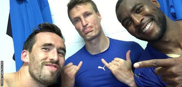 Christian Fuchs, Robert Huth and Wes Morgan