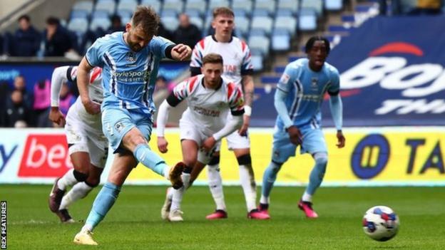 Nine-goal Matt Godden's first-half penalty earned Coventry a 1-1 draw at home to Luton in February