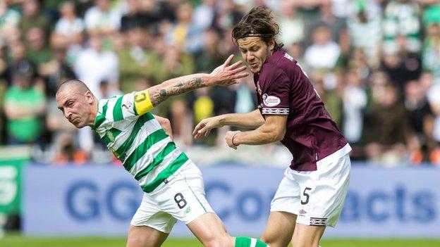 Peter Haring (right) battles for the ball with Scott Brown