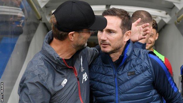 Liverpool manager Jurgen Klopp with Chelsea manager Frank Lampard