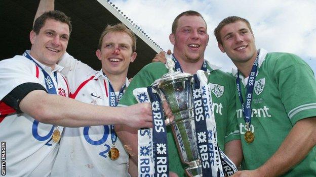 England's Paul Grayson and Matt Dawson celebrate winning the 2003 Six Nations with Steve Thompson and Ben Cohen
