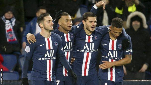 PSG players celebrate a goal against Dijon in Ligue 1