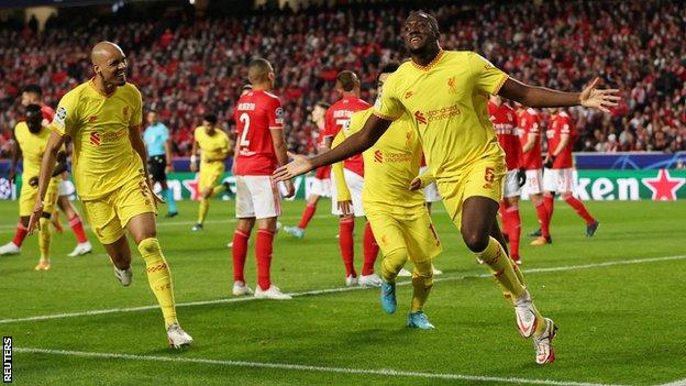Liverpool's Ibrahima Konate scores against Benfica in the Champions League quarter-final first leg in Lisbon