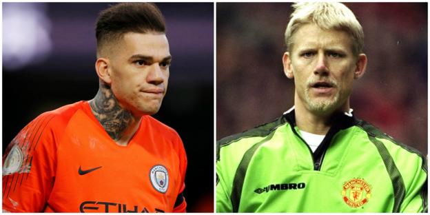 Ederson of Man City and Peter Schmeichel of Manchester United