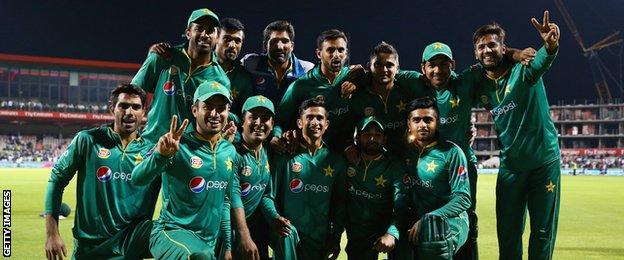 Pakistan celebrate after winning the Twenty20 international