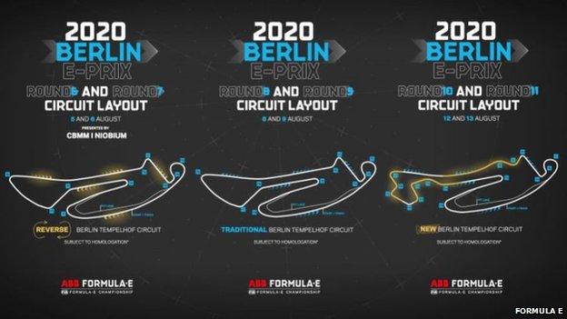 A graphic showing the three different track layouts at Berlin's Tempelhof circuit
