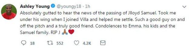 Manchester United left-back, and former Aston Villa team-mate, Ashley Young posted a tribute on Twitter