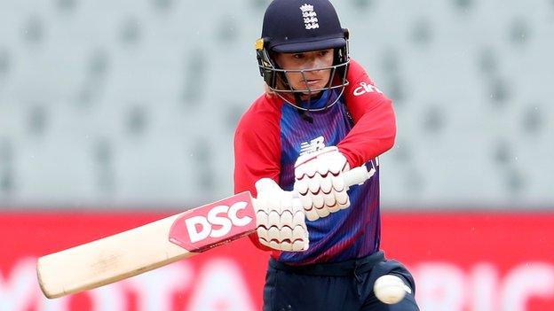 England opener Danni Wyatt plays a shot during the second T20 against Australia