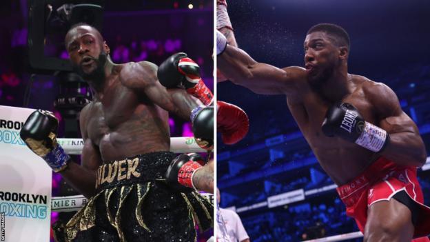 Split image of Deontay Wilder fighting and Anthony Joshua fighting
