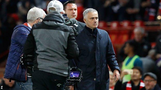 Jose Mourinho walks down the touchline after Manchester United's 3-2 win over Newcastle on Saturday