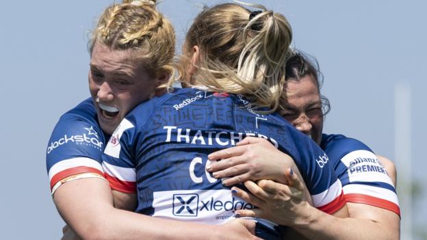 Bristol Bears players celebrate a try against Exeter Chiefs