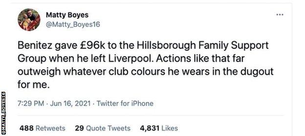 Tweet from Matty Boyes about Benitez's contribution to the Hillsborough Family Support Group.