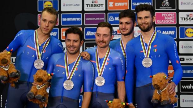 Simone Consonni, centre, won a silver medal for Italy in the team pursuit although he did not ride in the final