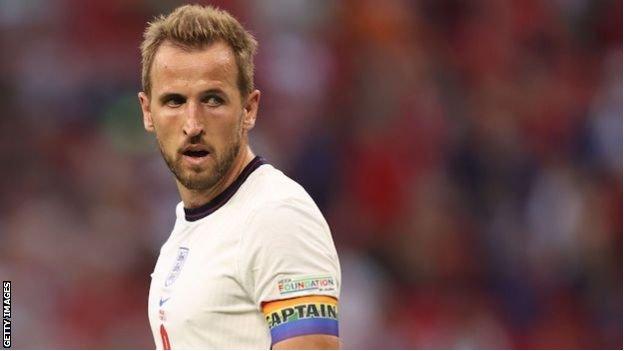 Captain Harry Kane wearing a rainbow armband during an England game