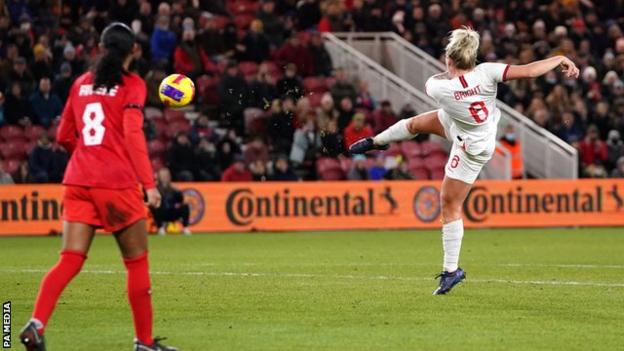 Millie Bright scores for England against Canada