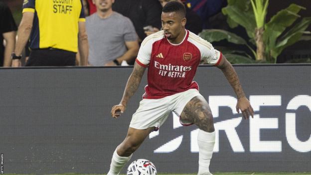 Gabriel Jesus with the ball at his feet playing for Arsenal