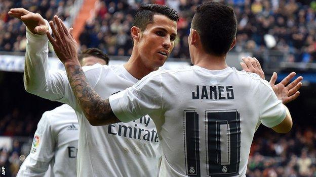 Cristiano Ronaldo and James Rodriguez celebrate