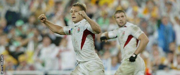 Jonny Wilkinson pictured celebrating after his last-gasp drop-goal won the 2003 World Cup final against hosts Australia