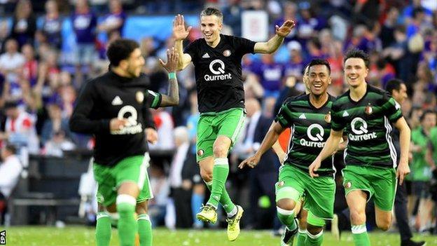 Robin van Persie celebrates scoring for Feyenoord against AZ Alkmaar in the Dutch Cup final