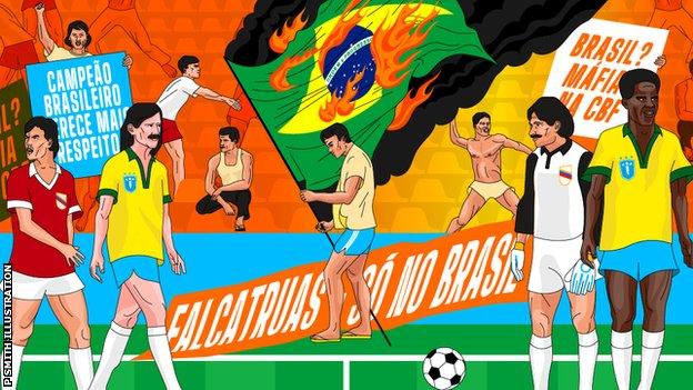 1989 Copa America'nın Venezuela'daki açılış maçında Brezilya taraftarlarının ulusal bayrağı yaktığı sırada Salvador'daki dramatik sahneleri gösteren bir illüstrasyon