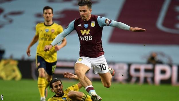 Jack Grealish challenges for the ball during Aston Villa's 1-0 win over Arsenal in the Premier League