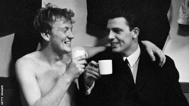 Jimmy Gabriel (left) celebrates in the dressing room after helping Everton beat Manchester United to reach the 1966 FA Cup Final