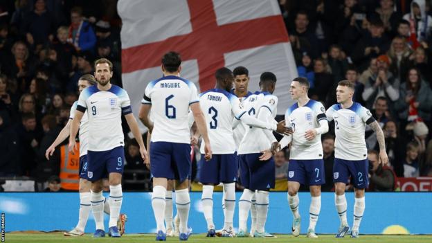 Harry Kane, Marcus Rashford, Phil Foden and Kieran Trippier celebrate England's first goal during the Euro 2024 qualifier against Malta at Wembley on 17 November, 2023