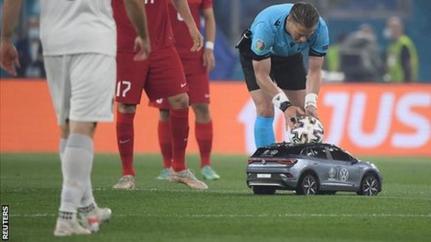 The match ball for the opening game at Euro 2020 was brought onto the pitch by a remote controlled car