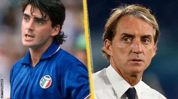 Roberto Mancini en 1988 (à gauche) et 2021 (à droite)