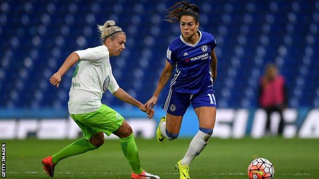 Chelsea full-back Claire Rafferty takes on Wolfsburg