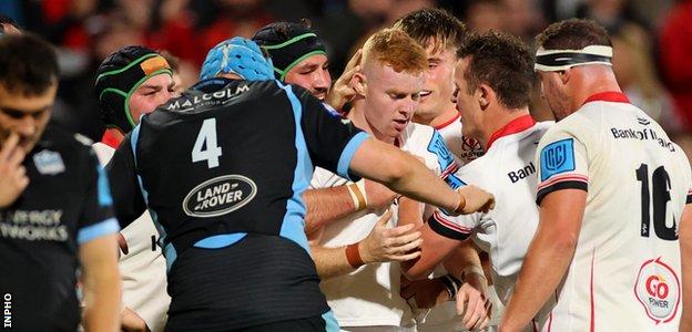 Nathan Doak celebrates scoring Ulster's fifth try versus Glasgow
