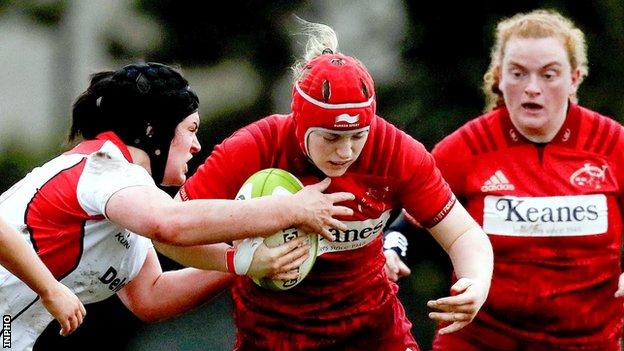 Sorcha Mac Laimhin (left) in action for Ulster and Munster in 2017