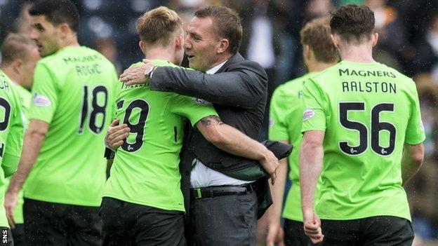 Celtic defender Calvin Miller and manager Brendan Rodgers