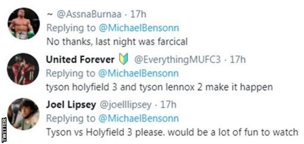 One fan on Twitter says Mike Tyson's return to the ring was farcical, while another wants to see him take on Evander Holyfield and Lennox Lewis again.