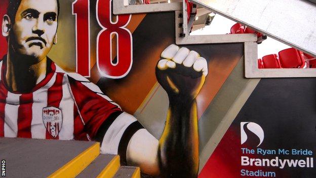 The mural dedicated to Mark Farren's memory in the Ryan McBride Brandywell Stadium