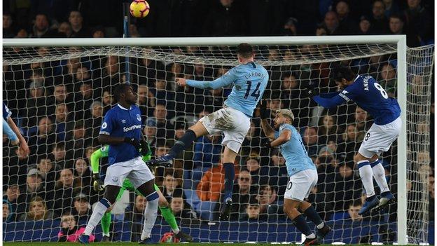 Aymeric Laporte scores for Manchester City against Everton