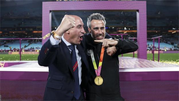 Luis Rubiales and Jorge Vilda celebrating together after Spain won the Women's World Cup