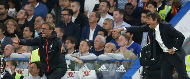 Liverpool boss Jurgen Klopp and Chelsea manager Antonio Conte on the touchline