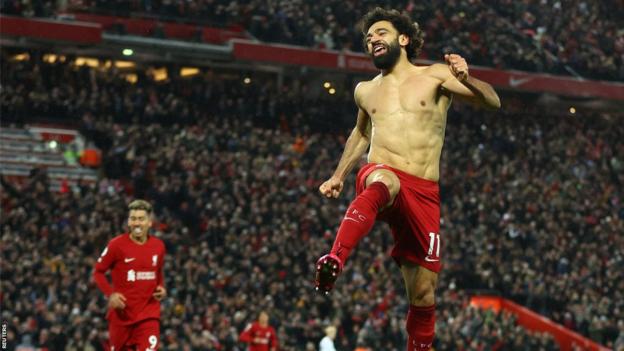 Liverpool forward Mohamed Salah celebrates scoring in his side's 7-0 Premier League win over Manchester United at Anfield