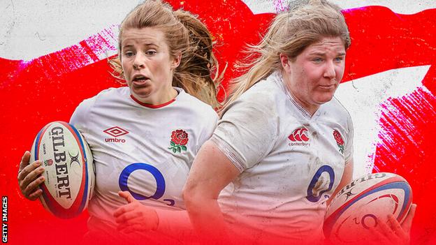 A graphic of an England flag with pictures of Zoe Harrison and Poppy Cleall
