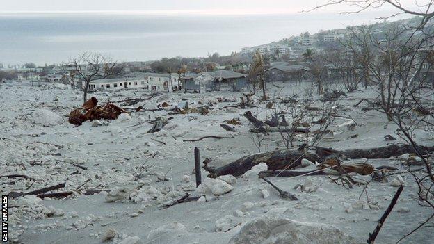 A street scene in Plymouth following the eruptions, photo taken in 1997