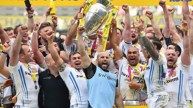 Exeter Chiefs celebrate their Premiership title win in 2017