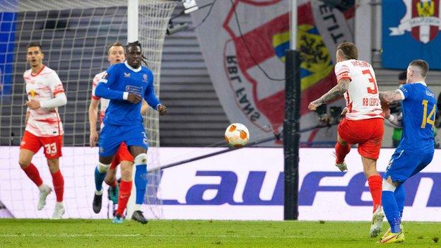 Rangers are seeking to overturn a first-leg deficit after Angelino volleyed a late Leipzig winner in Germany