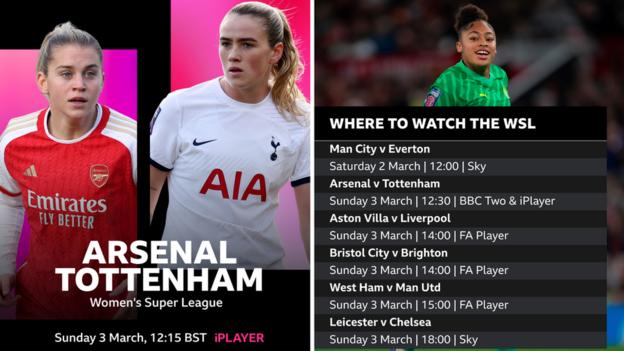 Alessia Russo and Grace Clinton promote the Women's Super League fixture between Arsenal and Tottenham on Sunday 3 March live on BBC Two from 12:15 GMT. The other WSL games broadcast live are: Man City v Everton, Saturday 2 March, 12:00 on Sky, Aston Villa v Liverpool and Bristol City v Brighton, both 14:00 and on FA Player, plus Leicester City v Chelsea at 18:00 on Sky