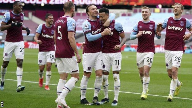 West Ham players celebrate Jesse Lingard's first goal against Leicester