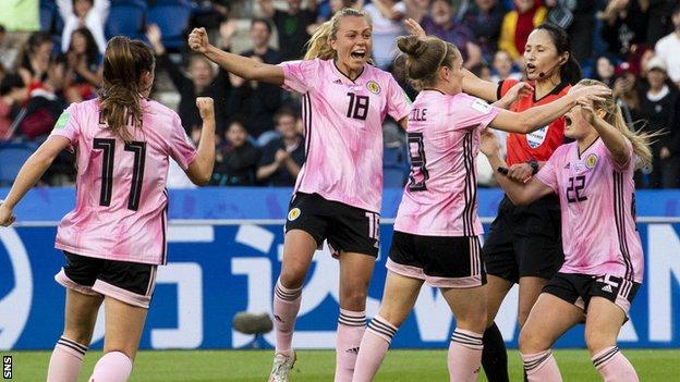 Kim Little (third left) netted for Scotland against Argentina in the 2019 Women's World Cup