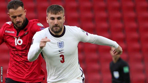 Luke Shaw in action for England against Albania