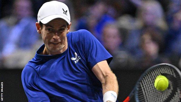 Andy Murray hits a return during the Laver Cup at the O2 Arena in London