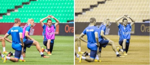 Gylfi Sigurdsson trains with Iceland. He is wearing a pink bib in the original picture, but colour blind viewers might see this as a blue bib - the same as the other players