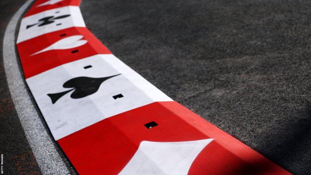 A picture of the kerbs at the Las Vegas Grand Prix, which have card suits on them